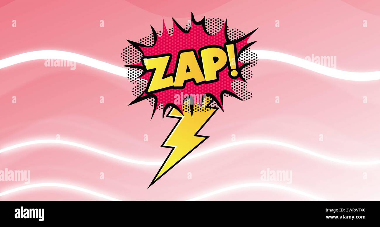 Image of zap text in yellow letters in retro speech bubble with lightning over pink background Stock Photo