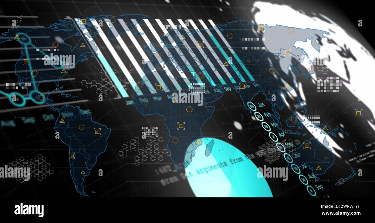 Digital image of statistical data processing over world map against ...