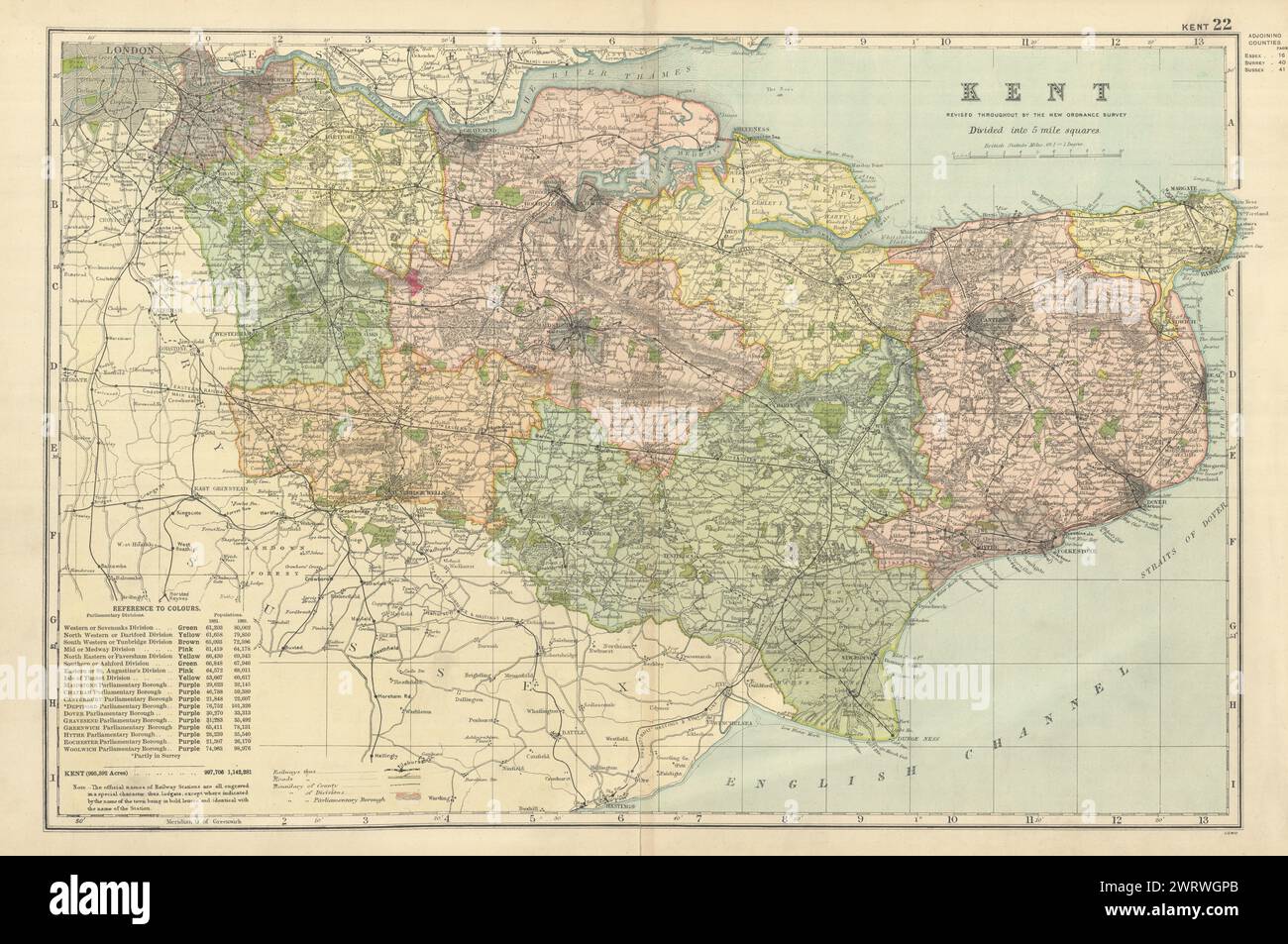 KENT antique county map by GW BACON 1898 old vintage plan chart Stock ...