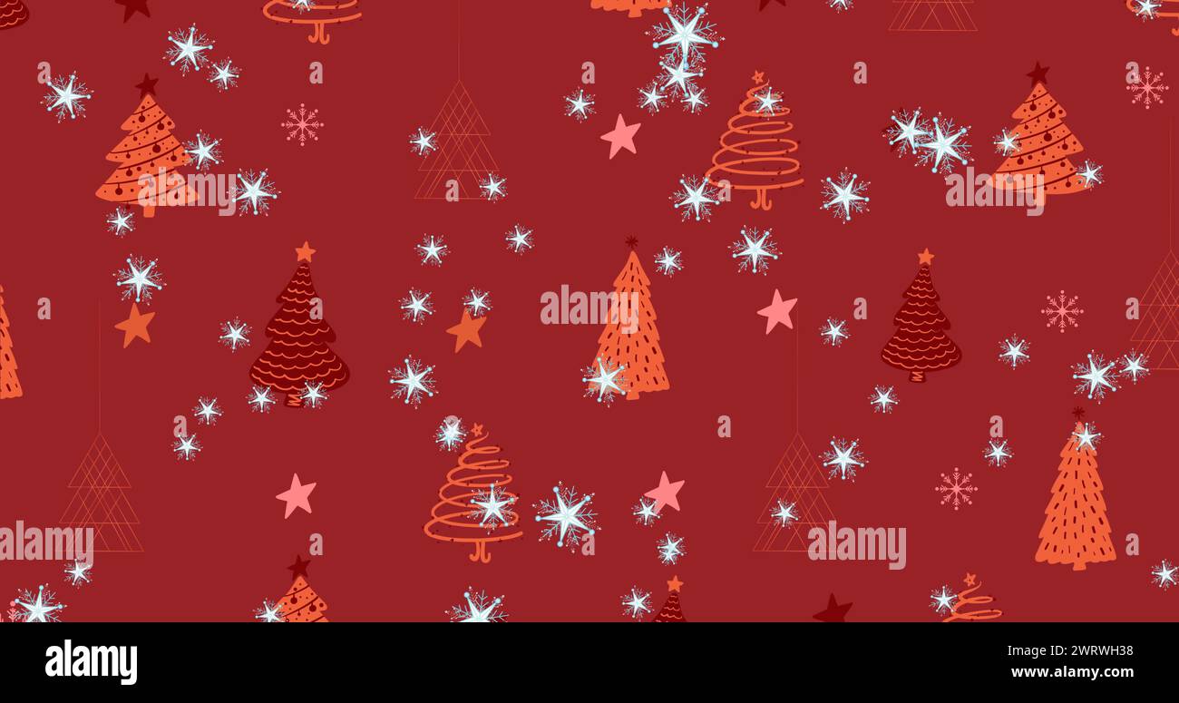 Multiple star icons falling against multiple stars and christmas tree ...