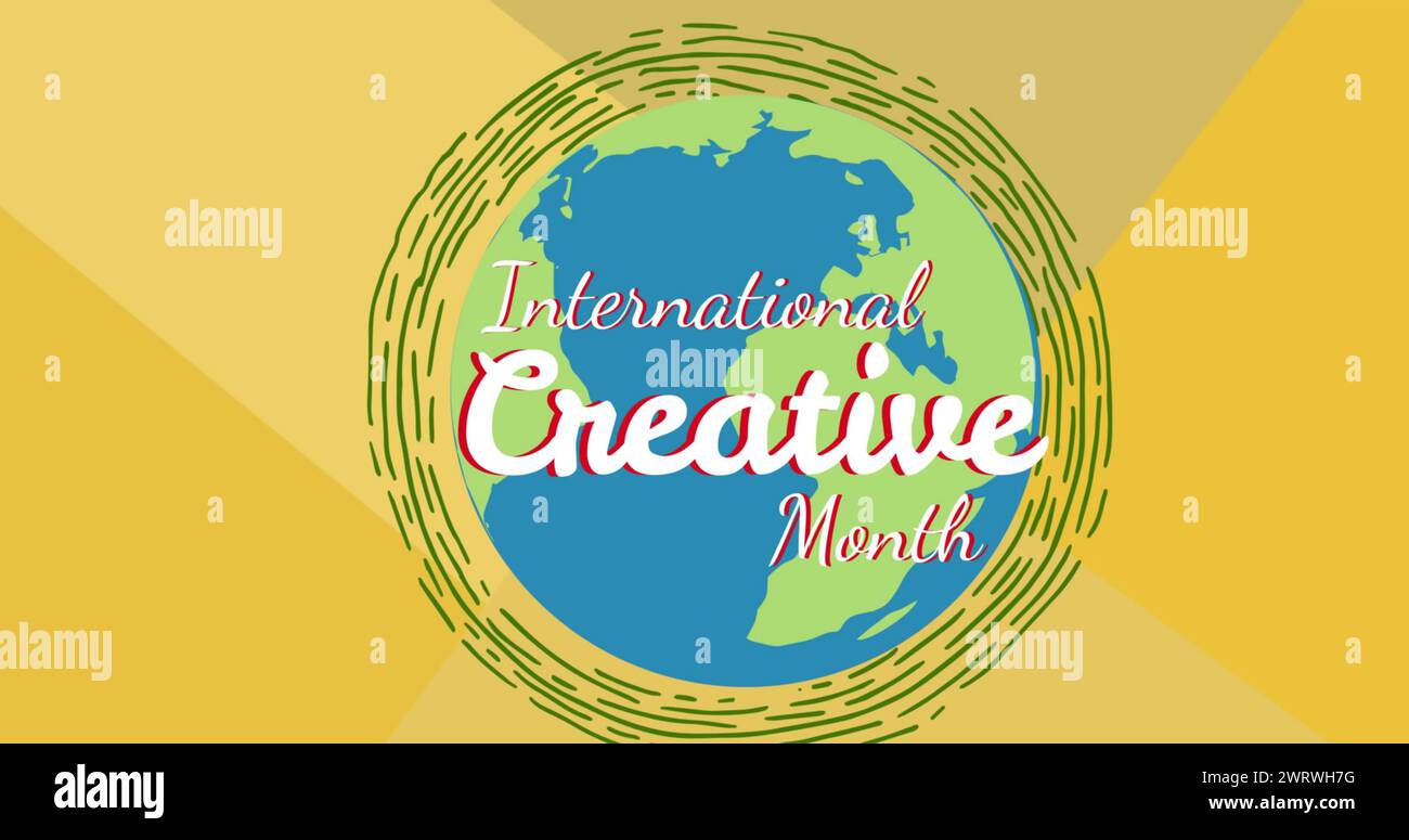 Image of balloons and international creative month text over globe with balloons Stock Photo