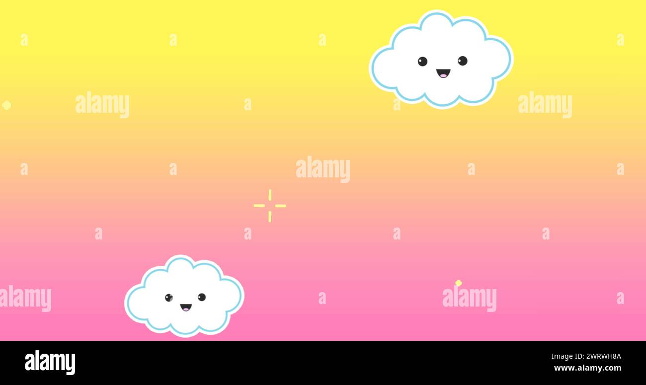 Digital image of colorful sky filled with smiling clouds and twinkling stars moving to the left 4k Stock Photo