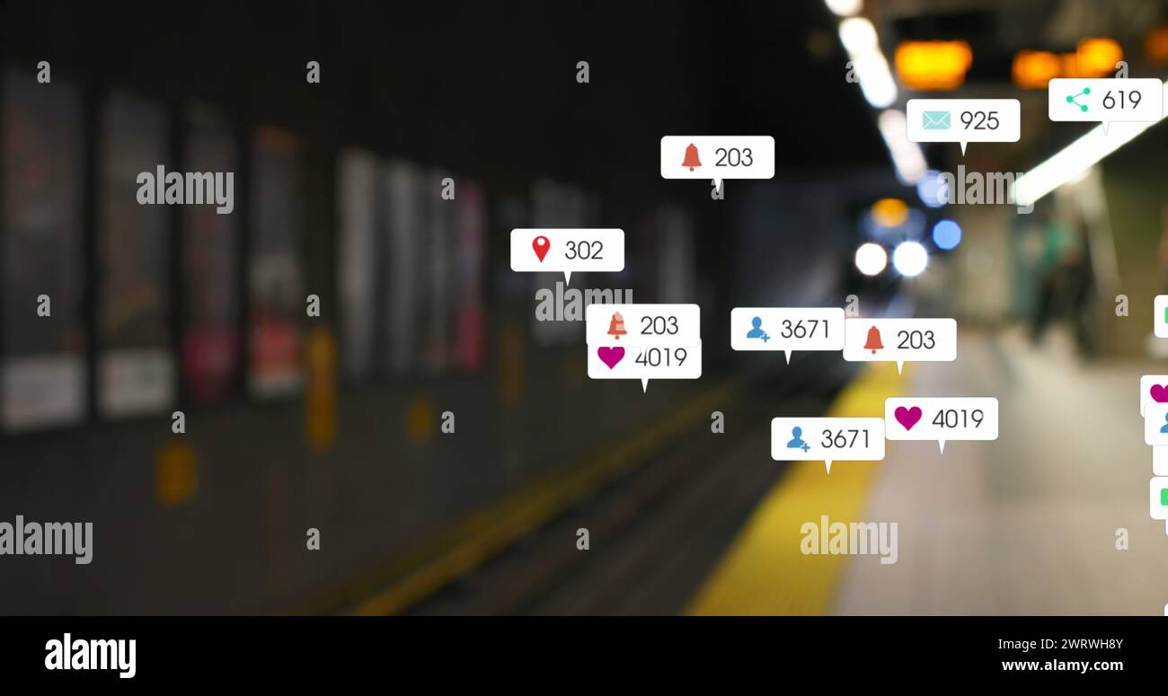 Image of social media icons and numbers over out of focus train platform Stock Photo