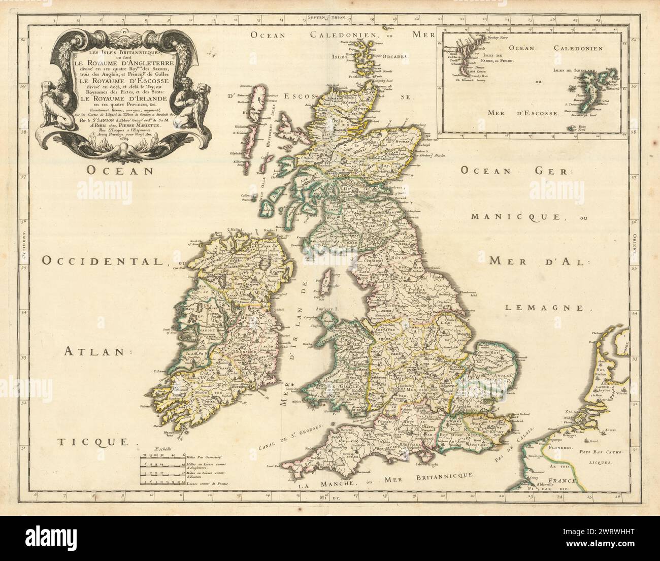 Les Iles Britannicques ou sont Le Royaume d'Angleterre divisé. SANSON 1665 map Stock Photo