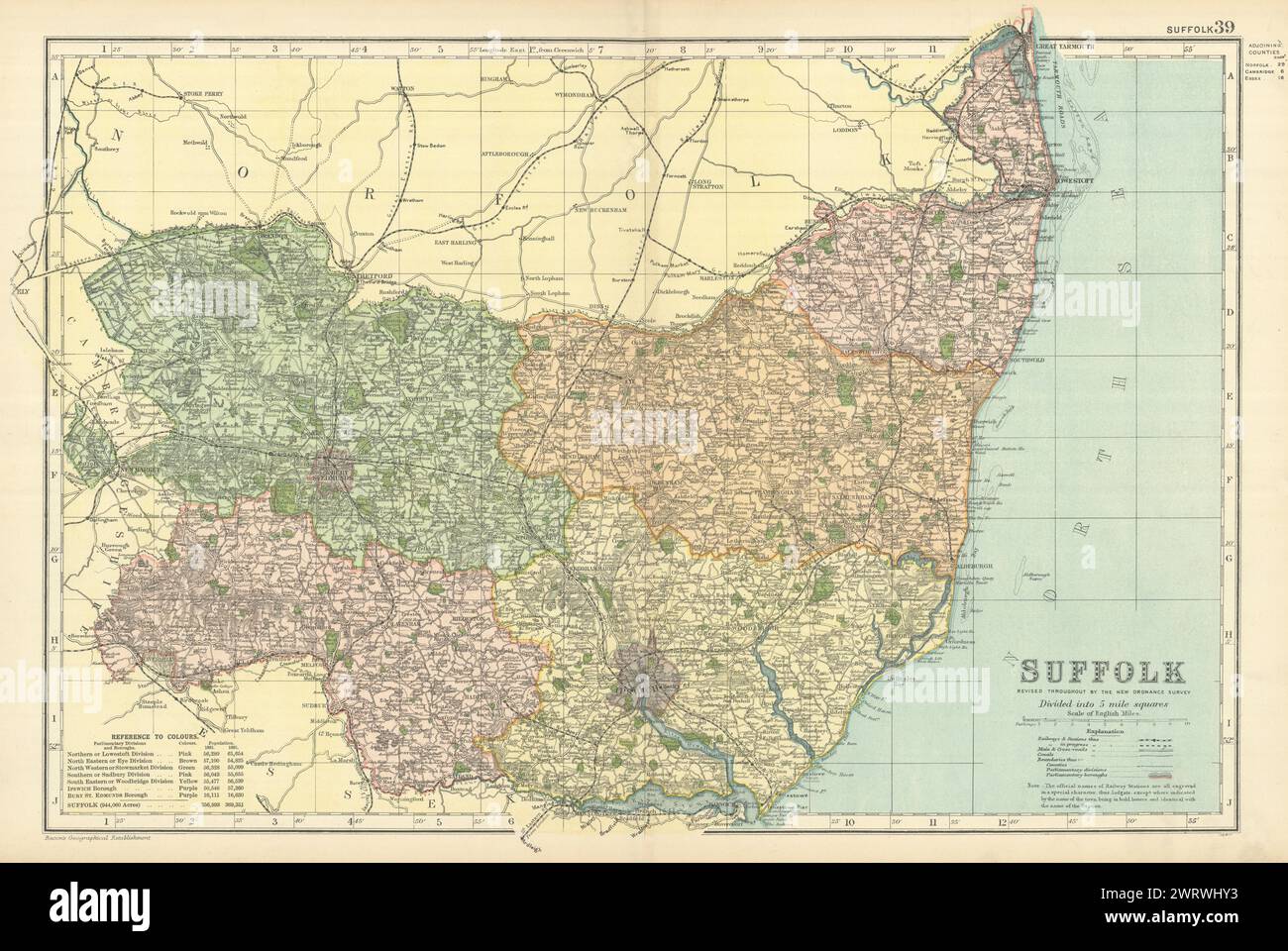 SUFFOLK antique county map by GW BACON 1898 old vintage plan chart ...