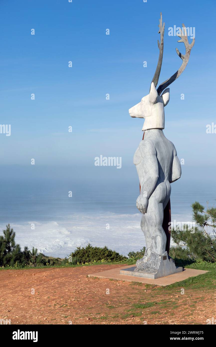 Portugal, Oeste Region, Nazaré, Statue named 'Veado' by sculptor Adália Alberto of a Man with Deer's Head Stock Photo