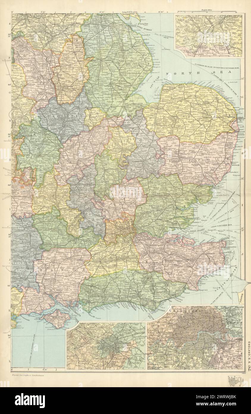 ENGLAND SOUTH EAST MIDLANDS. Sheffield Birmingham London.Railways.BACON 1898 map Stock Photo