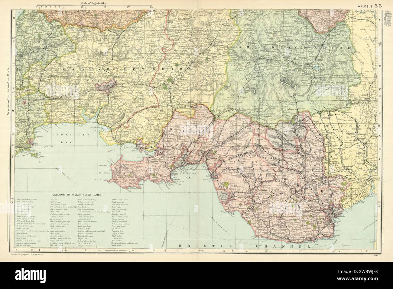 SOUTH WALES. Parliamentary divisions. Welsh place name Glossary. BACON 1898 map Stock Photo