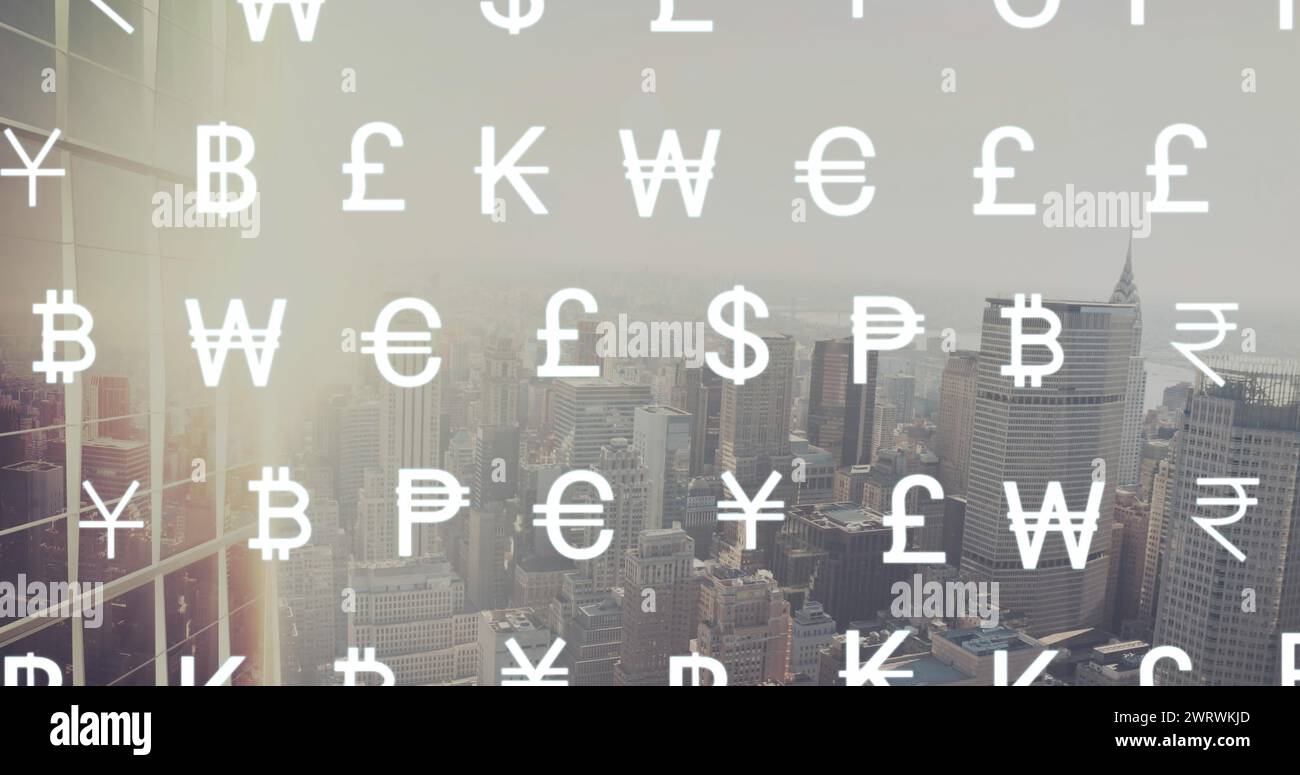 Image of currency symbols over city Stock Photo