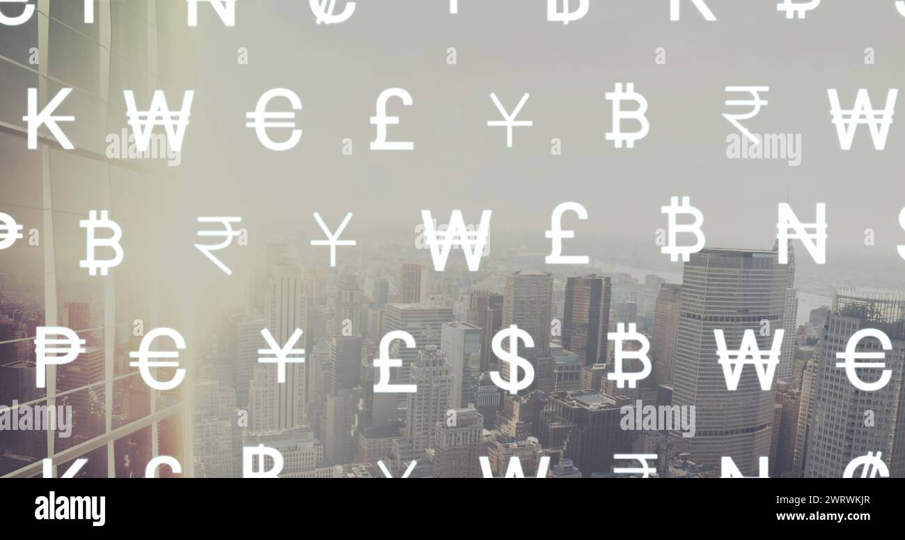 Image of currency symbols over city Stock Photo