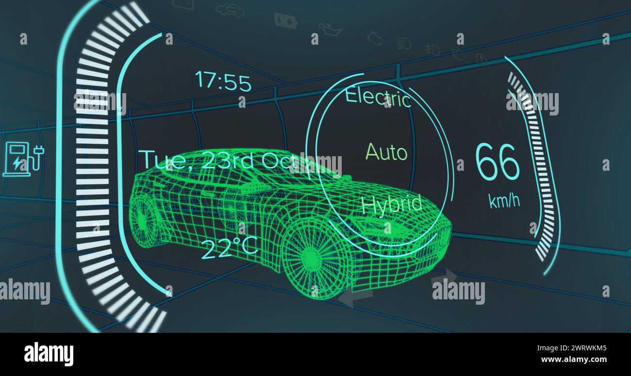 Image of car interface over digital car model on black background Stock ...