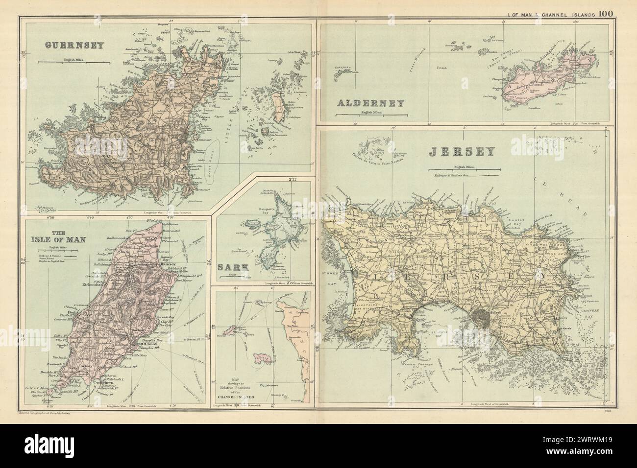 CHANNEL ISLANDS & ISLE OF MAN Alderney Guernsey Jersey Sark by GW BACON 1898 map Stock Photo