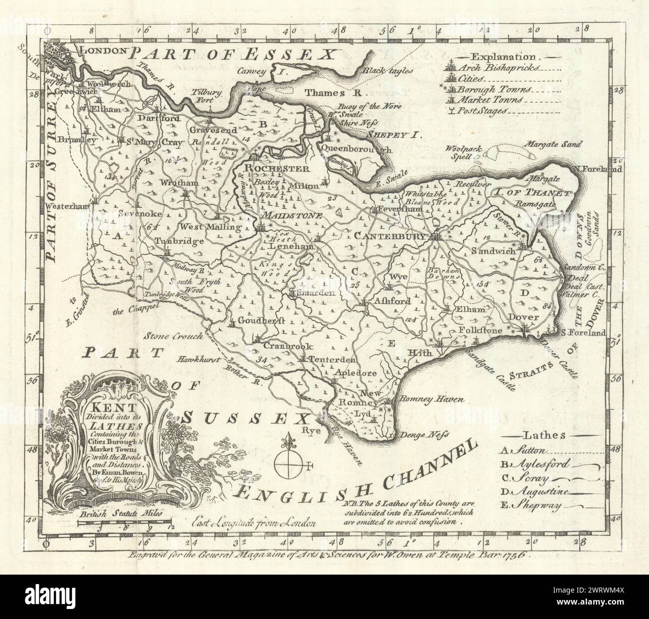 County map of "Kent Divided into its Lathes…" by Emanuel Bowen 1756 old Stock Photo