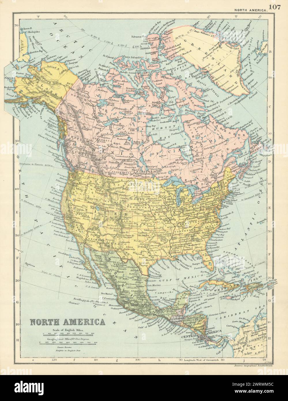 NORTH AMERICA Canada USA Mexico Central America West Indies by GW BACON 1898 map Stock Photo