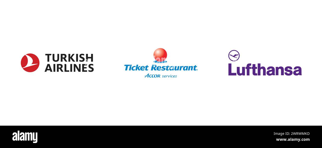 Ticket Restaurant, Lufthansa, Turkish Airlines. Vector brand logo collection. Stock Vector