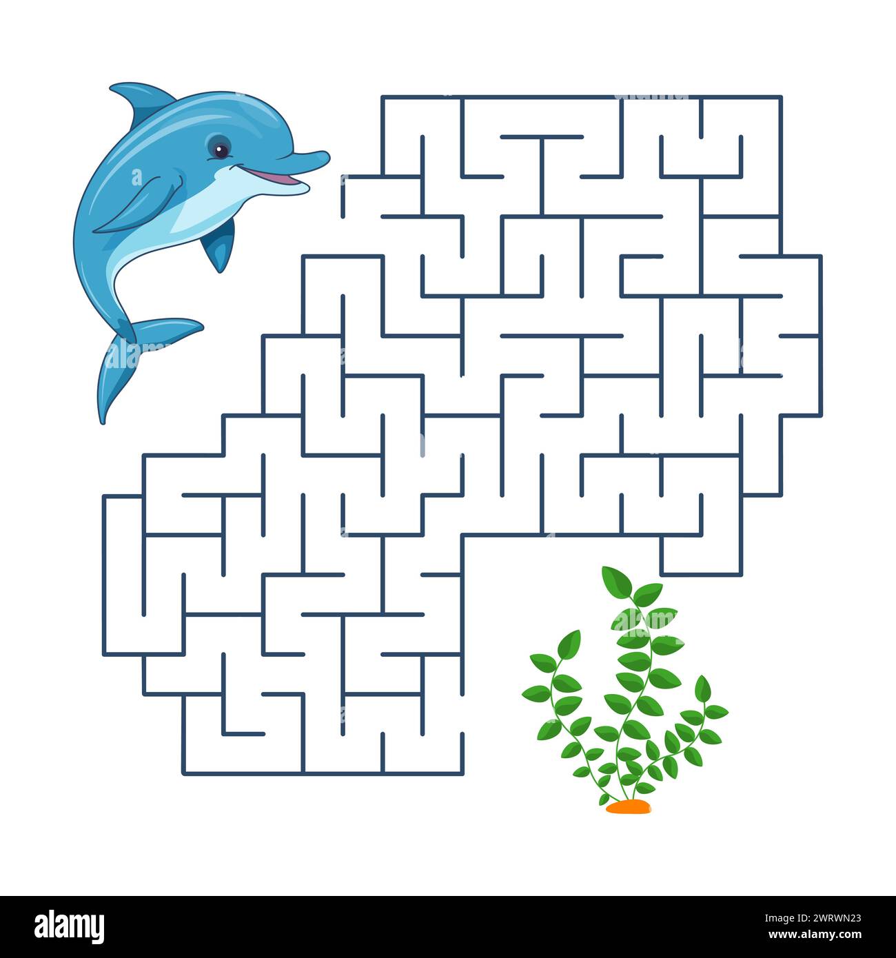 Vector children's play labyrinth. Undersea world. Help the dolphin find the right path. Maze for children learning. Stock Vector