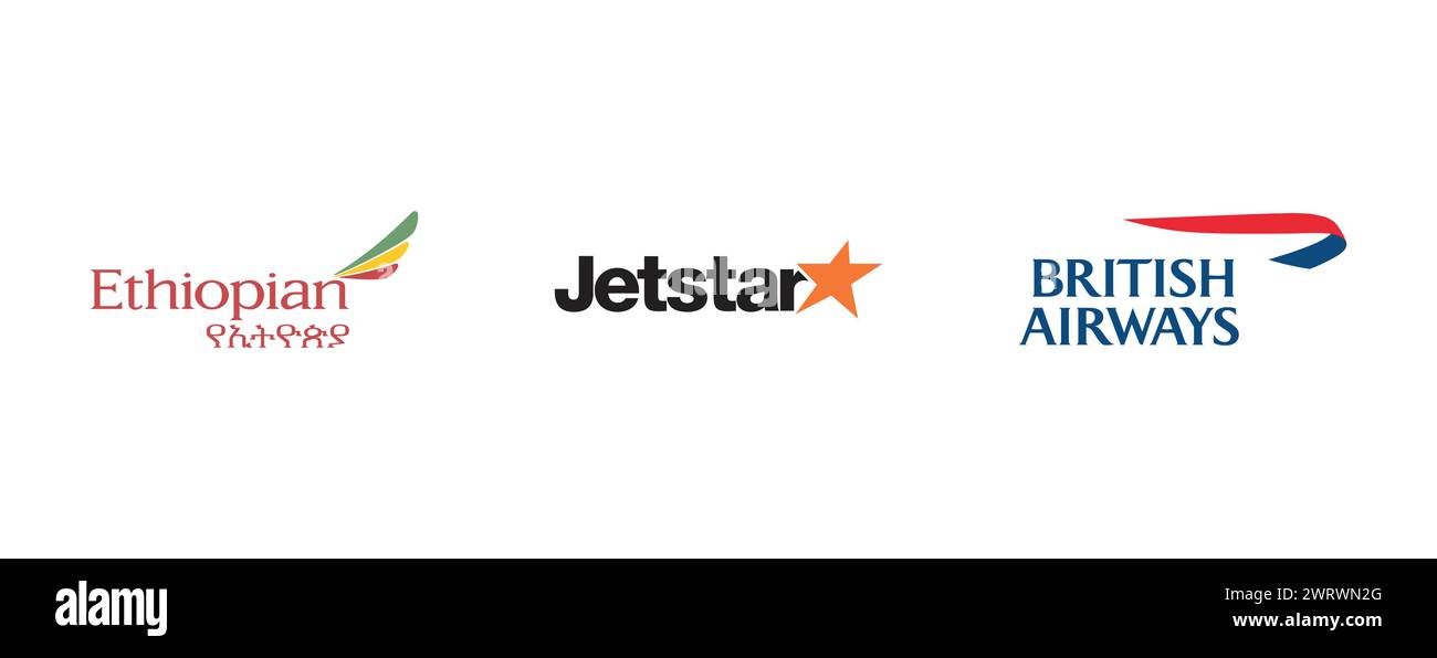 Jetstar, British Airways, Ethiopian Airlines. Vector brand logo collection. Stock Vector