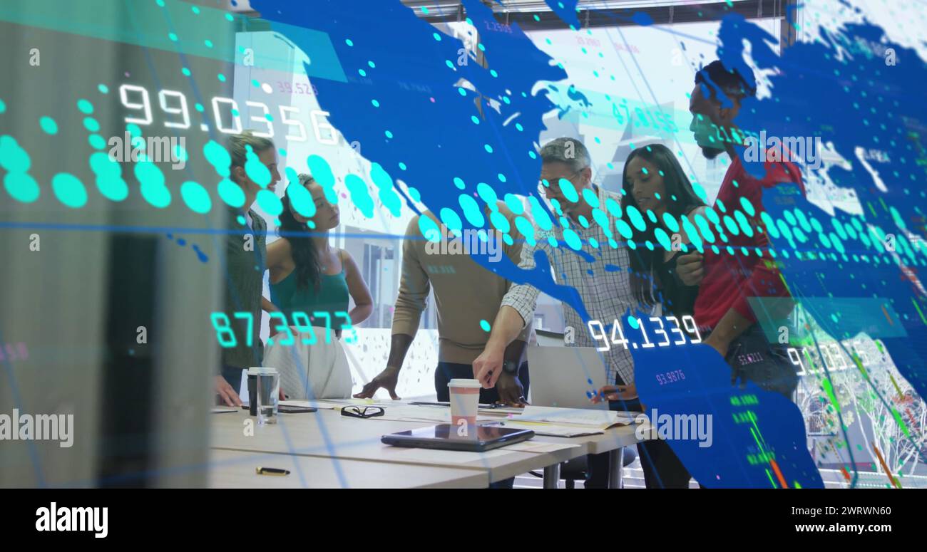 Image of graphs, changing numbers, map and computer language, diverse coworkers sharing ideas Stock Photo