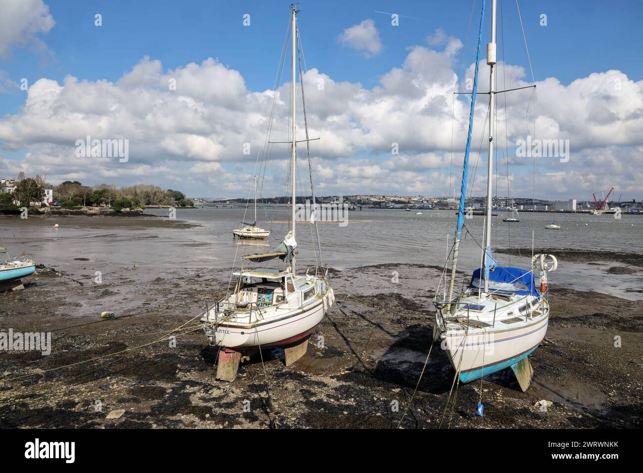 The riverside at Torpoint in south east Cornwall, with boats berthed beside the Tamar. Stock Photo