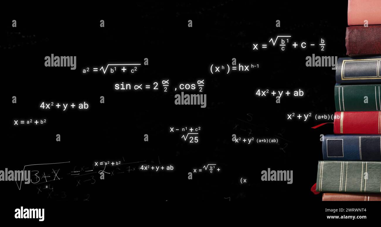 Image of mathematical equations over books on black background Stock Photo