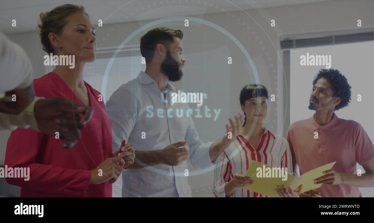Image of scope scanning with cyber security text over diverse business people working at office Stock Photo