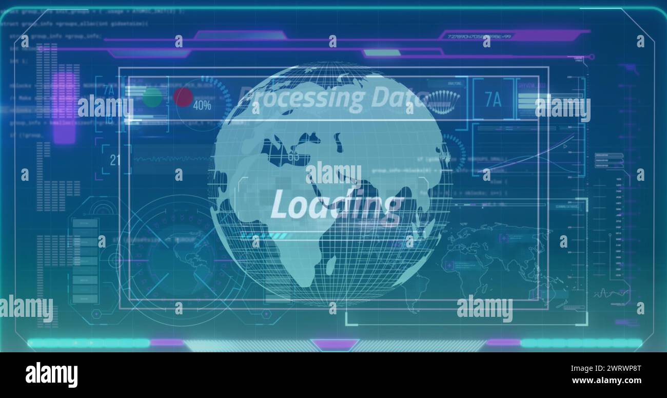 Image of infographic data processing with globe rotating on digital ...