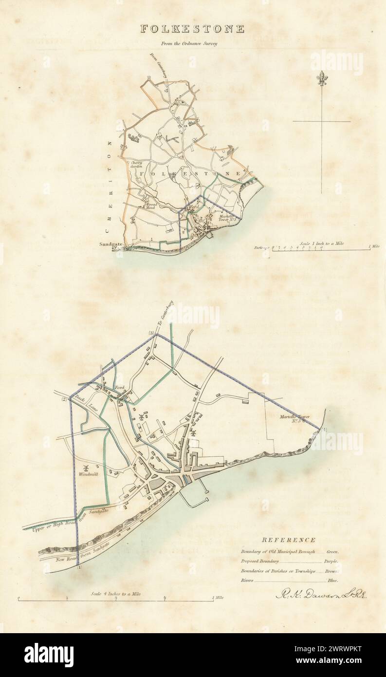 FOLKESTONE borough/town/city plan. BOUNDARY COMMISSION. Kent. DAWSON 1837 map Stock Photo