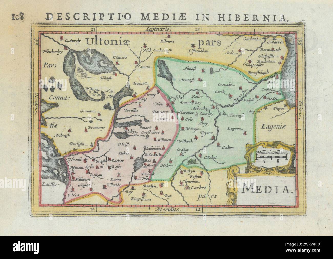 Descriptio Mediae in Hibernia. Central Ireland Ulster/Leinster. BERTIUS 1616 map Stock Photo