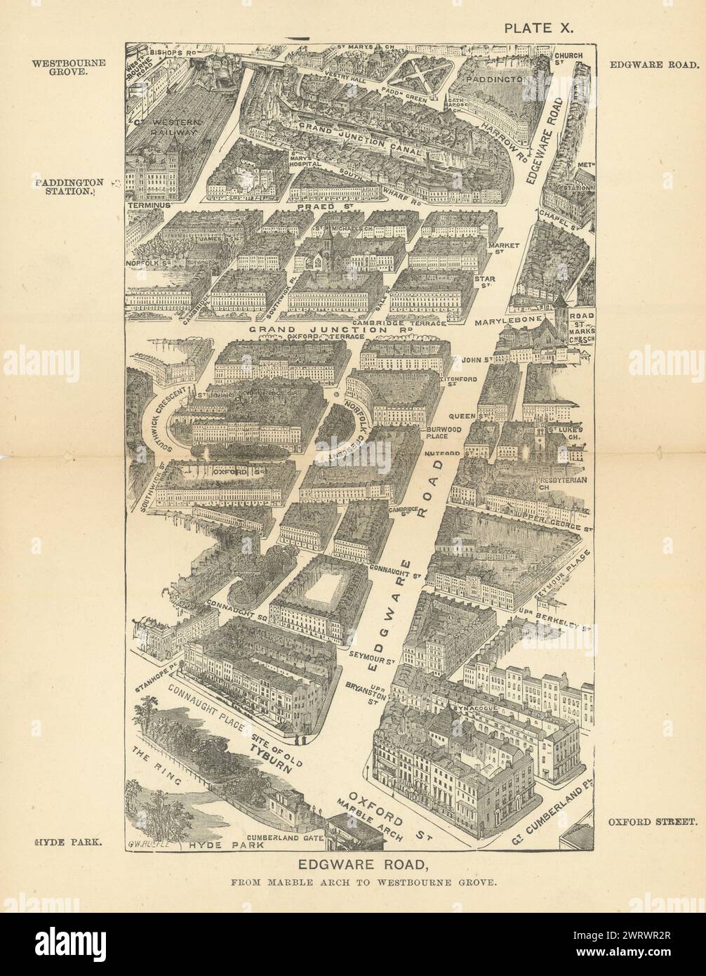 Bird's eye view Edgware Road. Marble Arch to Westbourne Grove. SULMAN 1891 map Stock Photo