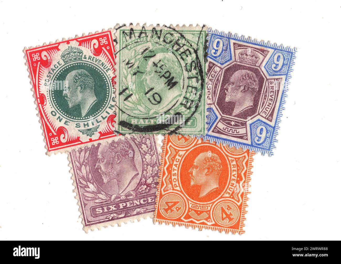 Vintage King Edward VII postage stamps from Great Britain isolated on a