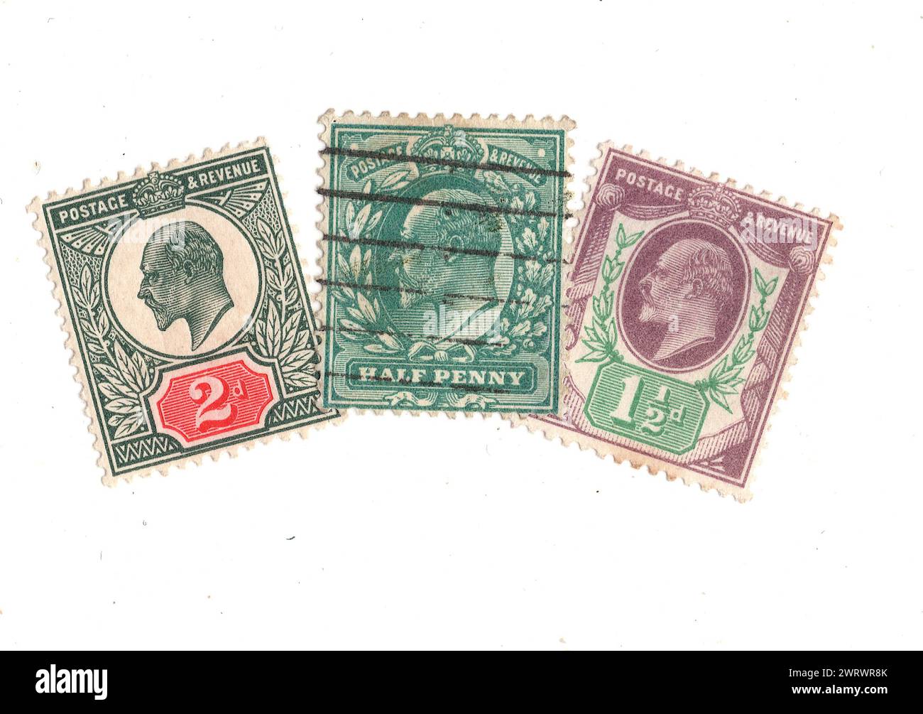 Vintage King Edward VII postage stamps from Great Britain isolated on a