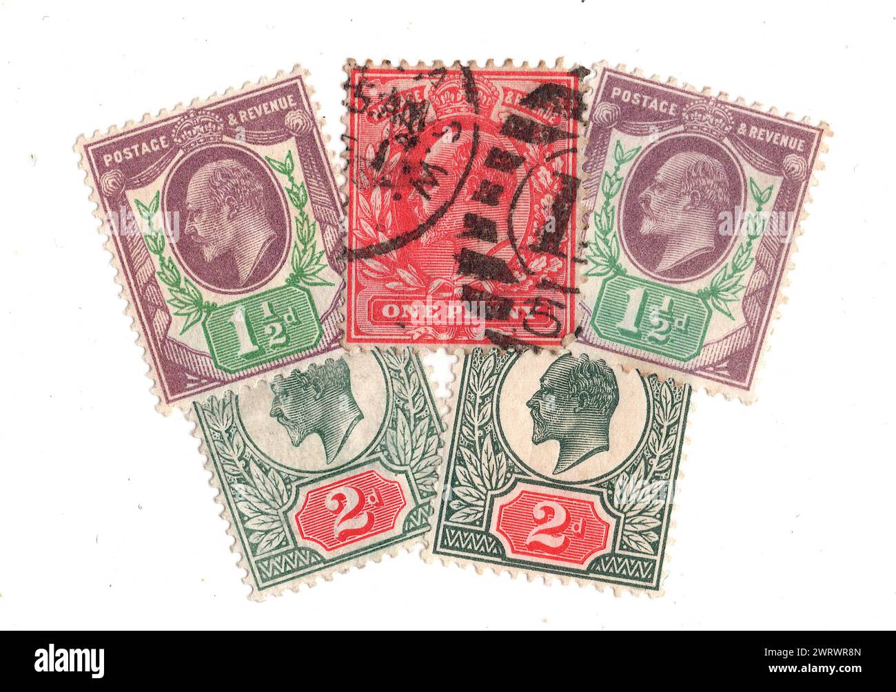 Vintage King Edward VII postage stamps from Great Britain isolated on a