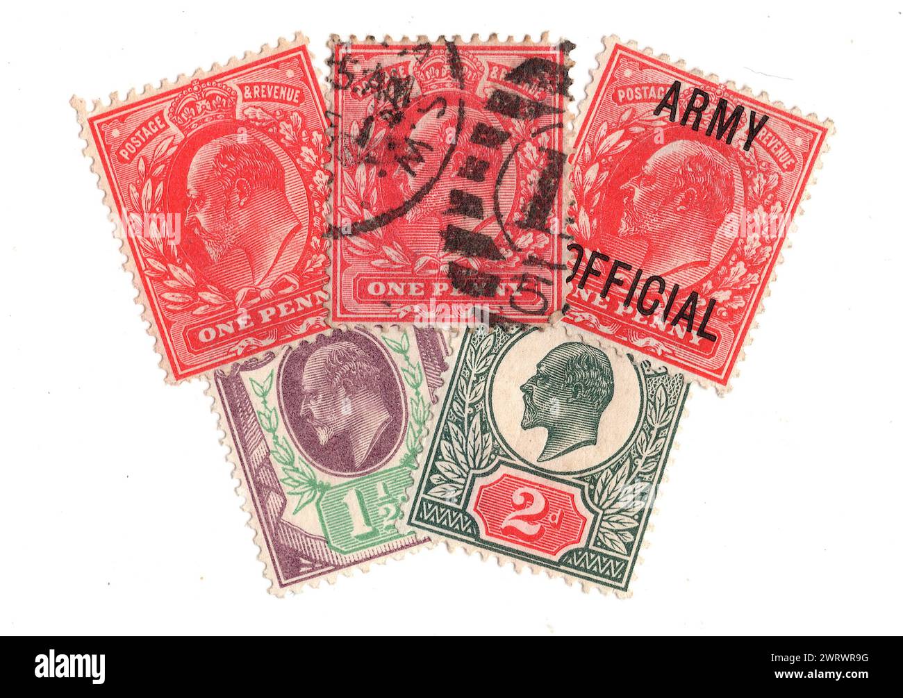 Vintage King Edward VII postage stamps from Great Britain isolated on a