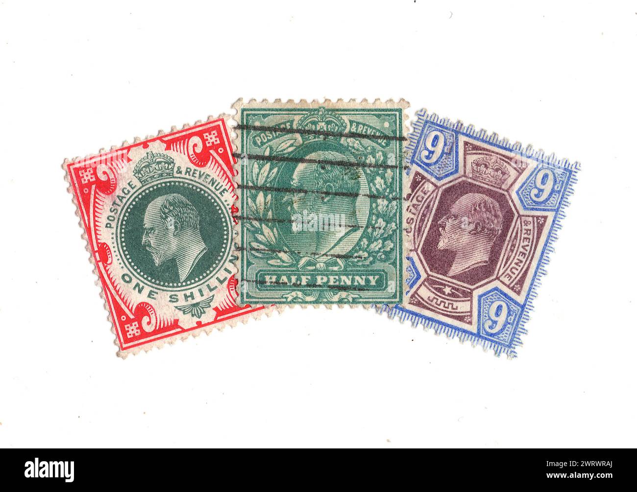 Vintage King Edward VII postage stamps from Great Britain isolated on a