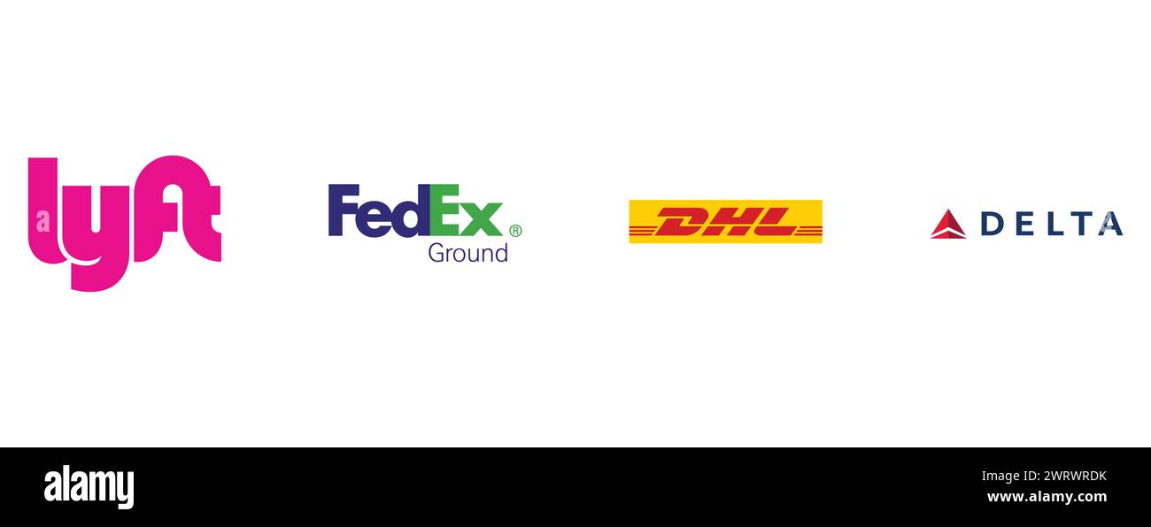 DELTA AIR LINES, LYFT, DHL, FEDEX GROUND. Editorial vector logo collection. Stock Vector