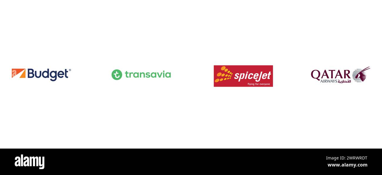 BUDGET, QATAR AIRWAYS, SPICEJET, TRANSAVIA. Editorial vector logo collection. Stock Vector