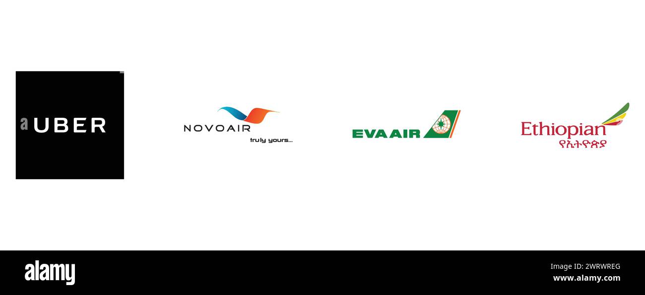 UBER BLACK, ETHIOPIAN AIRLINES, EVA AIR, NOVOAIR. Editorial vector logo collection. Stock Vector