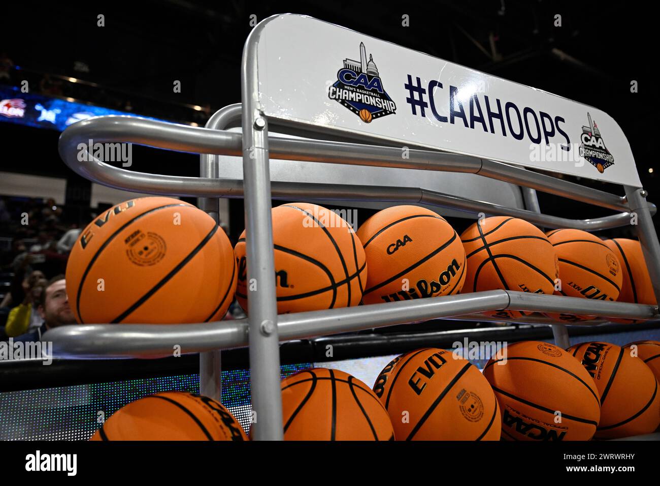 A basketball stand is seen with the CAA logo before an NCAA college