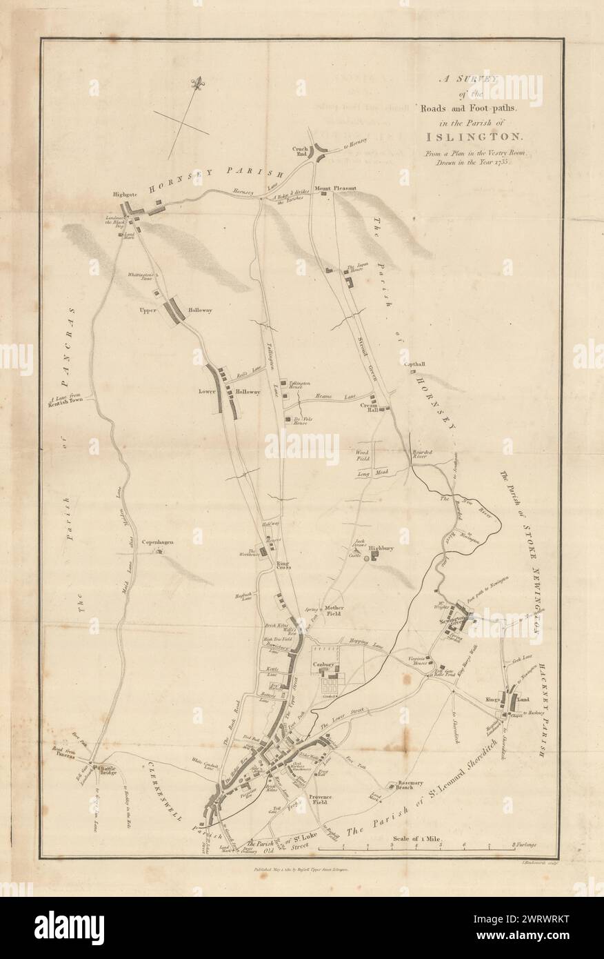 ISLINGTON PARISH 1735 Holloway Highgate Crouch End. Scarce HAWKSWORTH 1811 map Stock Photo