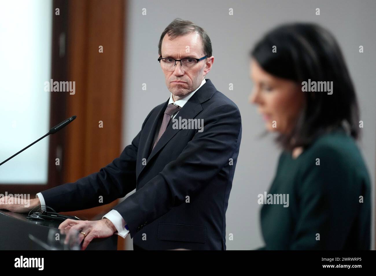 Norwegian counterpart Espen Barth Eide, left, attends a joint press