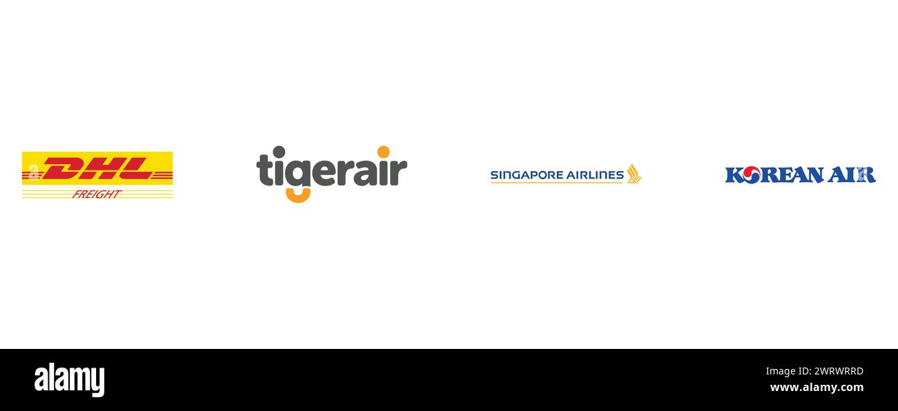 TIGERAIR, DHL FREIGHT, KOREAN AIR, SINGAPORE AIRLINES. Editorial vector logo collection. Stock Vector
