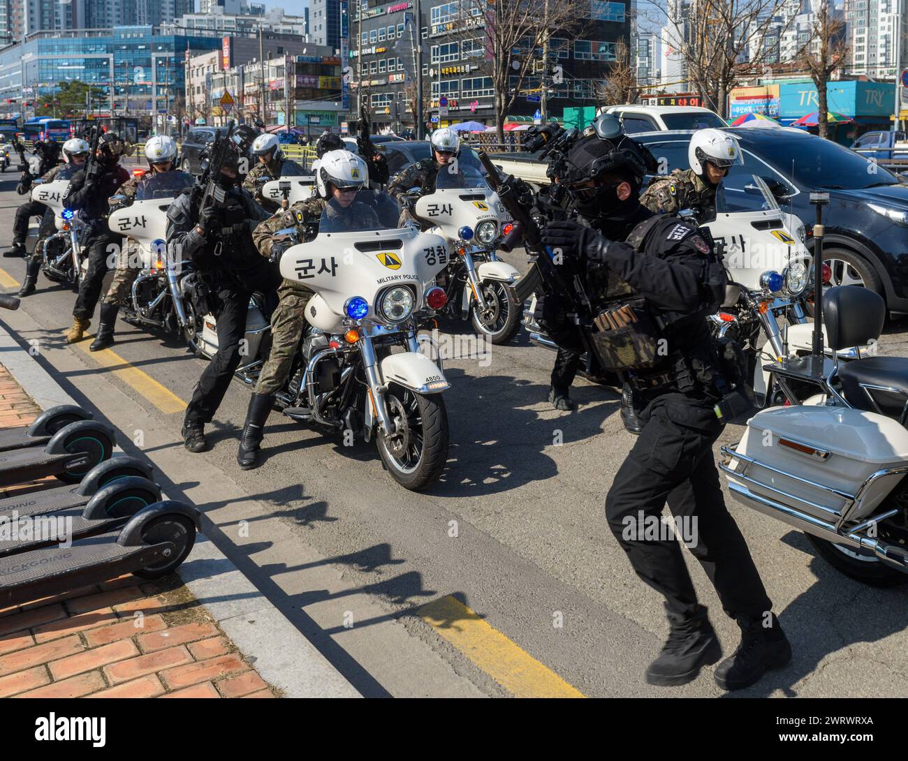 Seoul, South Korea. 14th Mar, 2024. South Korean Army military police special warfare soldiers and motorcycle military police participate in a joint counter-terrorism drill on the sidelines of the annual Freedom Shield joint military exercise between South Korea and the United States, at a station in Seoul. South Korea and the United States on March 14 wrapped up a major combined military exercise designed to reinforce deterrence against North Korean threats, the South Korea's military said. (Photo by Kim Jae-Hwan/SOPA Images/Sipa USA) Credit: Sipa USA/Alamy Live News Stock Photo