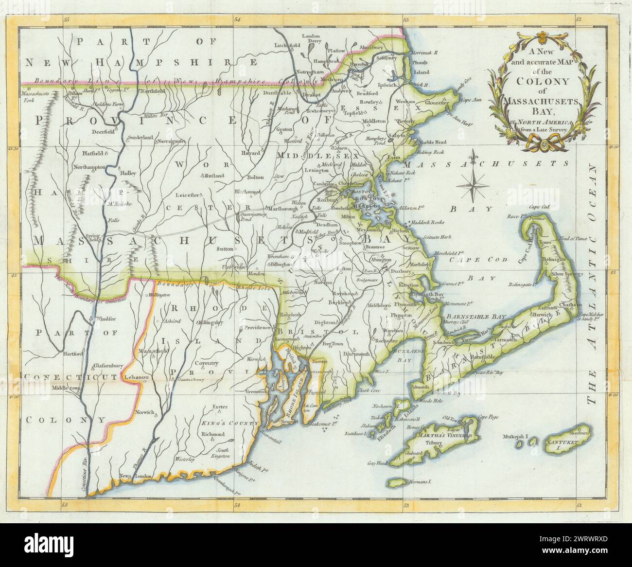 A New & accurate Map of the Colony of Massachusets Bay… Universal Magazine  1780 Stock Photo
