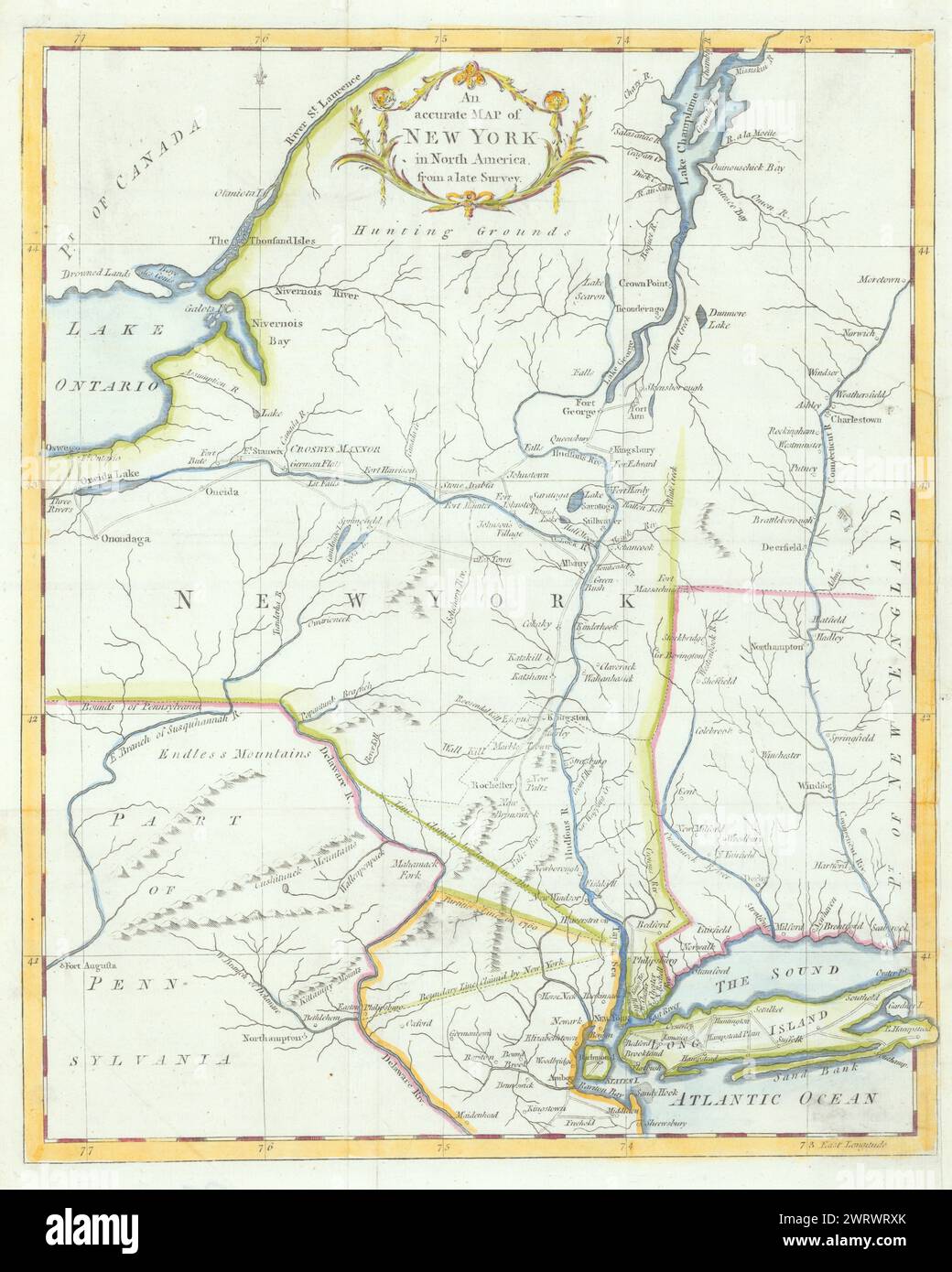 An accurate Map of New York, in North America… Universal Magazine 1780 old Stock Photo