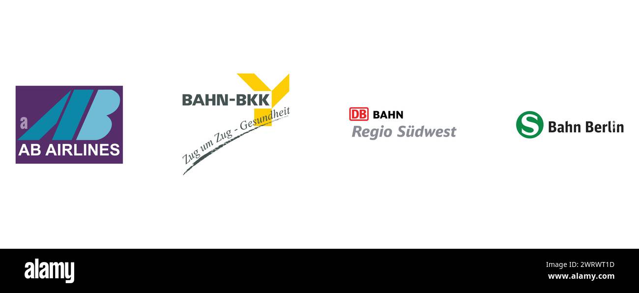 AB AIRLINES, BAHN BKK, S BAHN BERLIN, DB BAHN REGIO SUEDWEST. Editorial vector logo collection. Stock Vector