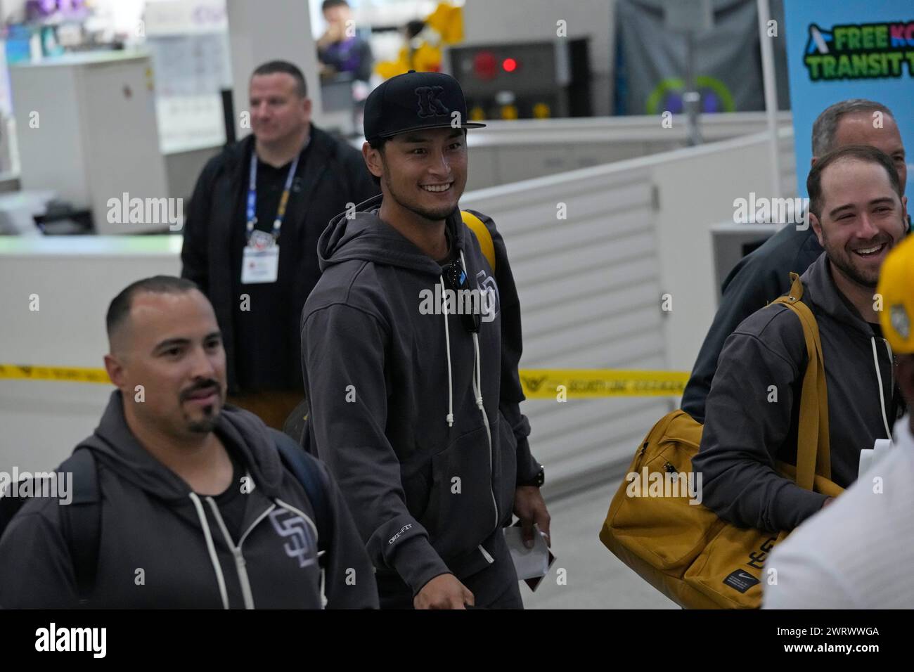 San Diego Padres player Yu Darvish arrives at the Incheon International Airport In Incheon, South Korea, Friday, March 15, 2024. (AP Photo/Ahn Young-joon) Stock Photo