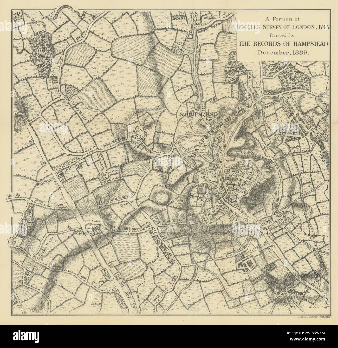 Hampstead. A Portion of Rocque's Survey of London map, 1745. Reprinted 1889 Stock Photo