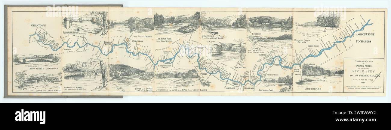Fisherman's Map of Salmon Pools on part of the River Spey by Maude Parker 1933 Stock Photo