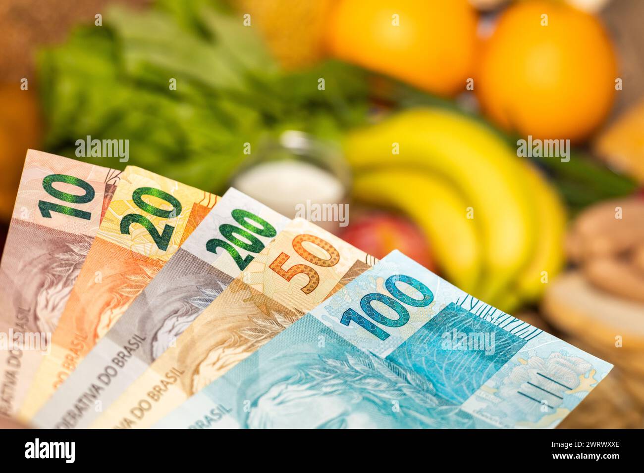 Food prices in Brazil, Economic concept, File of Brazilian money reais against the background of