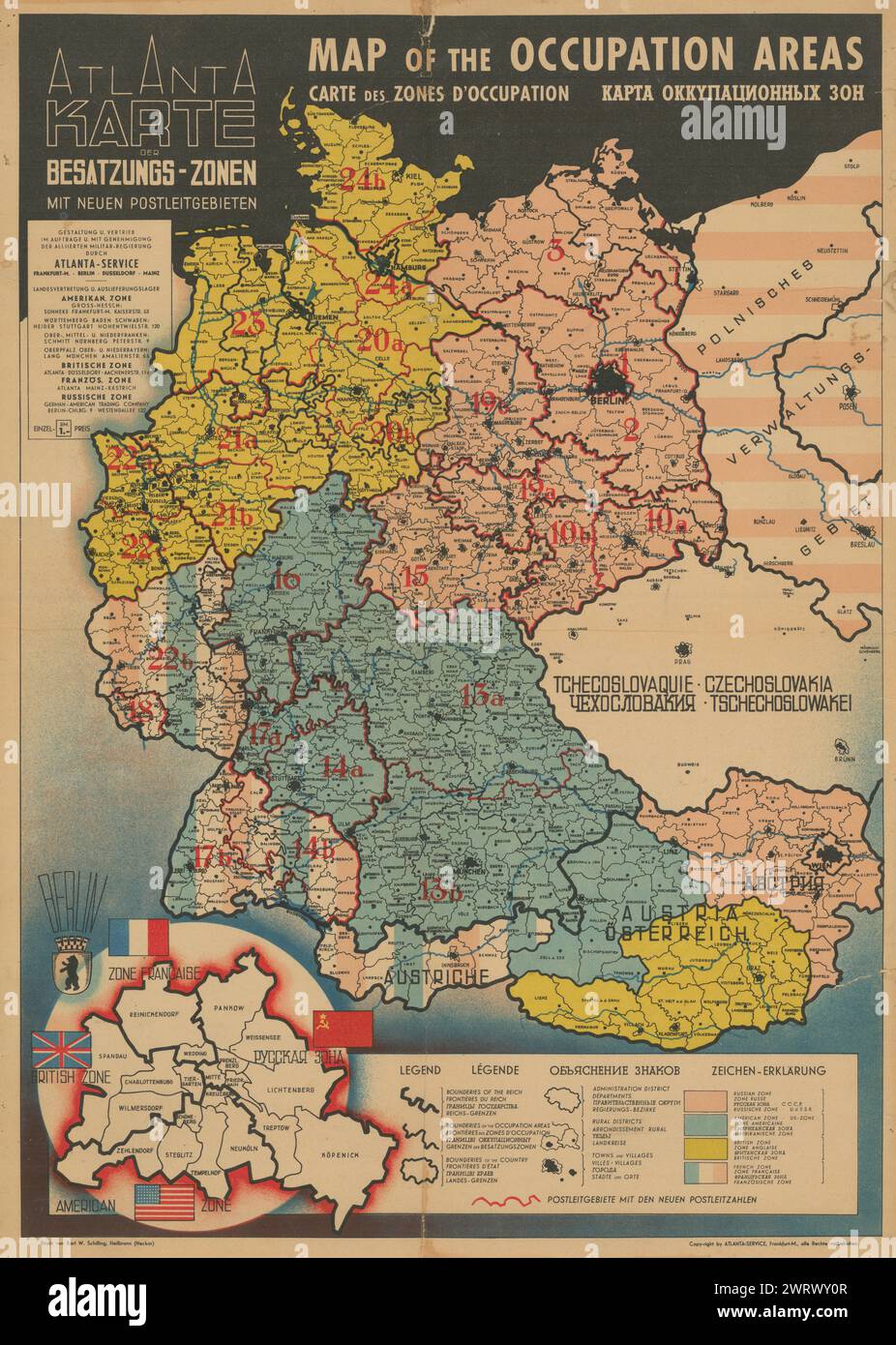 Atlanta Karte der Besatzungs-Zonen. Map of the Occupation Areas of Germany 1946 Stock Photo